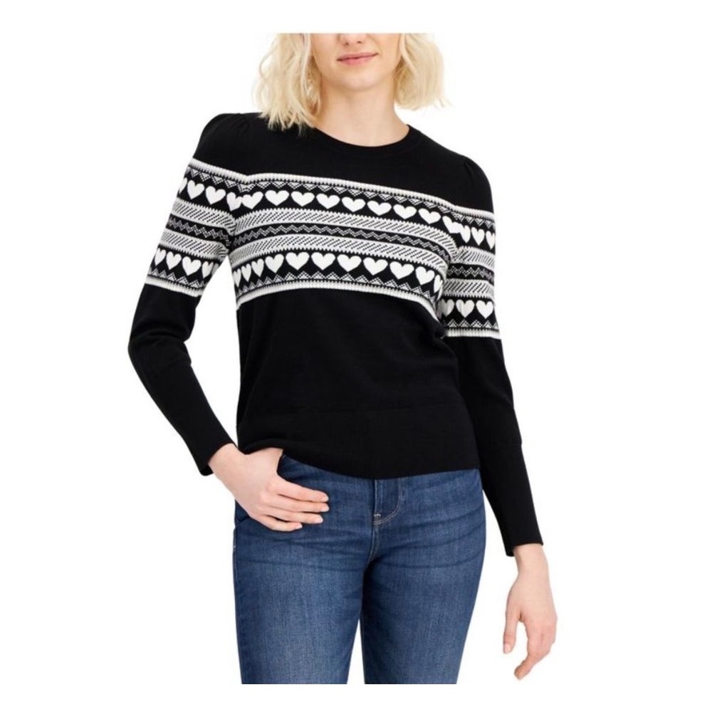 NEW Tommy Hilfiger Fair Isle Heart Pattern Knit Sweater Womens XL Black J22S0957